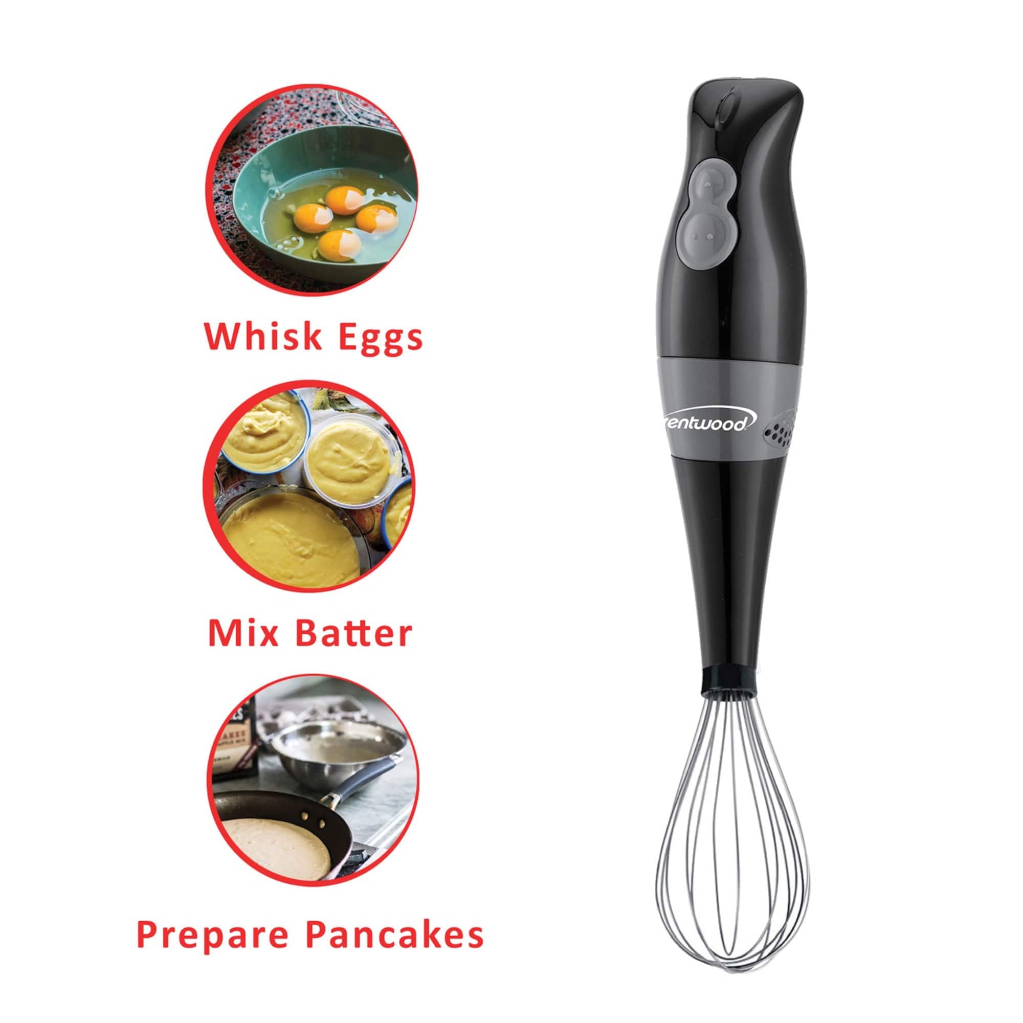 Brentwood Black 2-Speed Hand Blender & Food Processor with Balloon Whisk